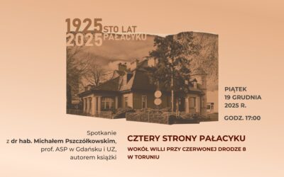 Grafika promująca spotkanie z dr hab. Michałem Pszczółkowskim o toruńskim Pałacyku