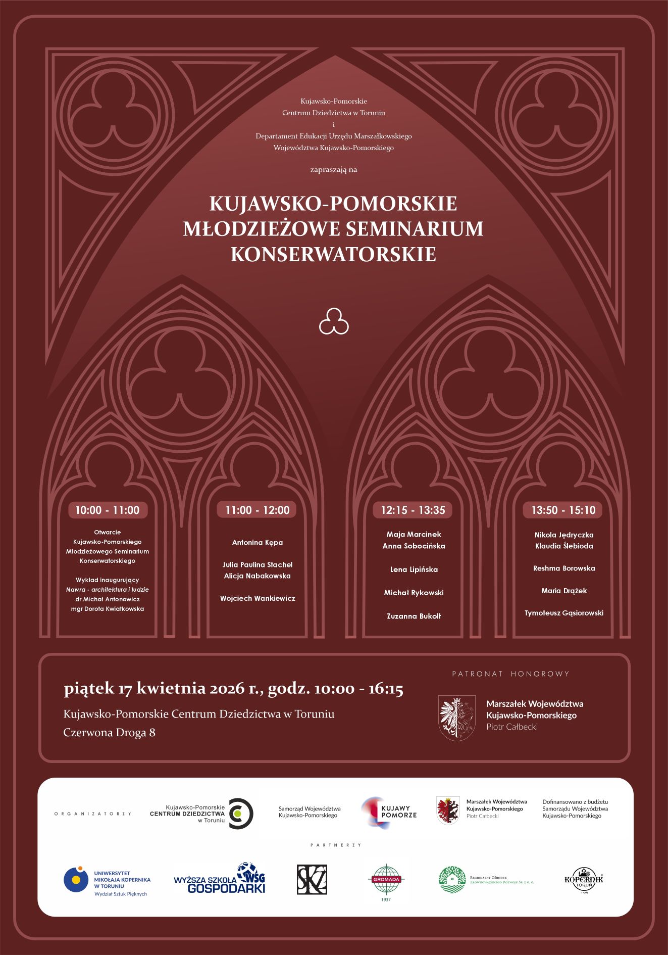 Grafika promująca kujawsko-pomorskie młodzieżowe seminarium konserwatorskie