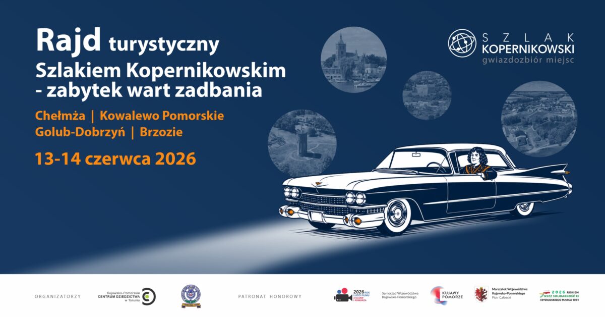 Grafika promująca Rajd turystyczny Szlakiem Kopernikowskim, przedstawiająca rysunek Mikołaja Kopernika za kierownicą zabytkowego cadillaca