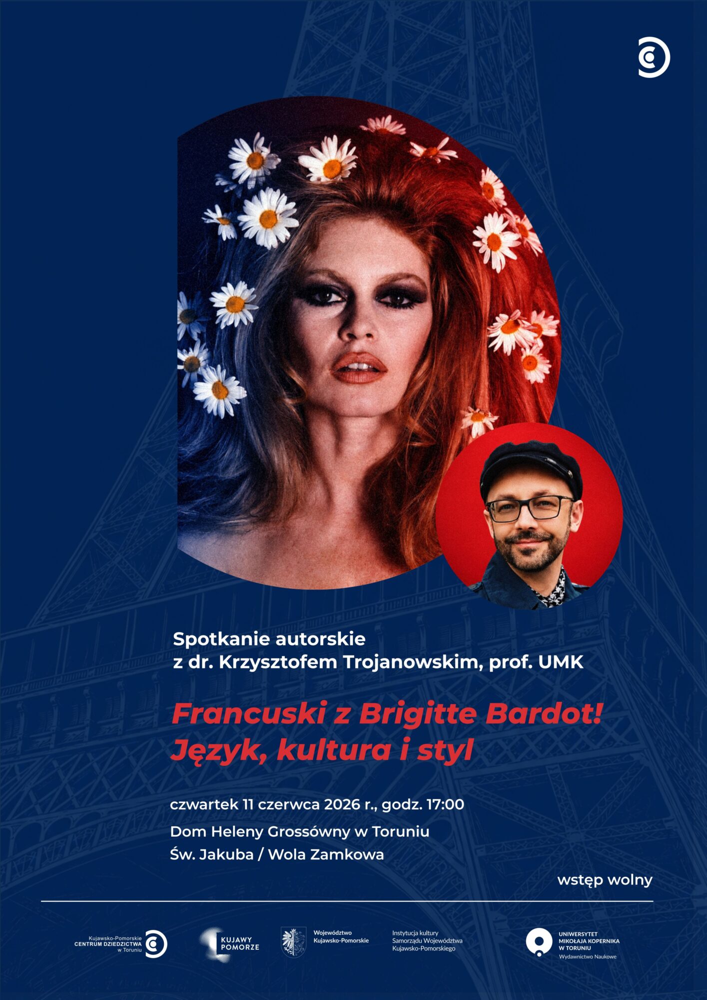 Grafika promująca spotkanie z K. Trojanowskim o Francji