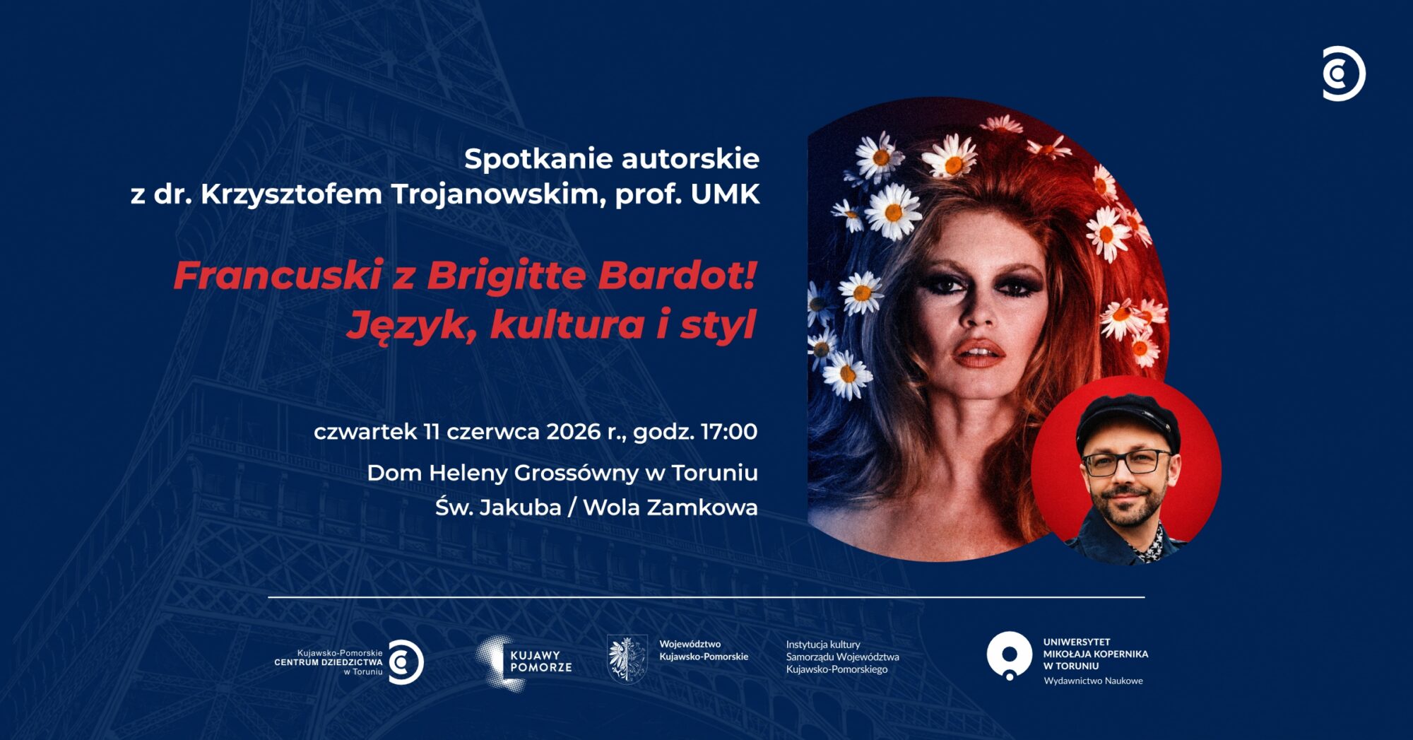 Grafika promująca spotkanie z K. Trojanowskim o Francji