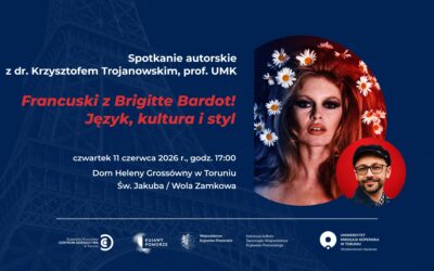 Grafika promująca spotkanie z K. Trojanowskim o Francji