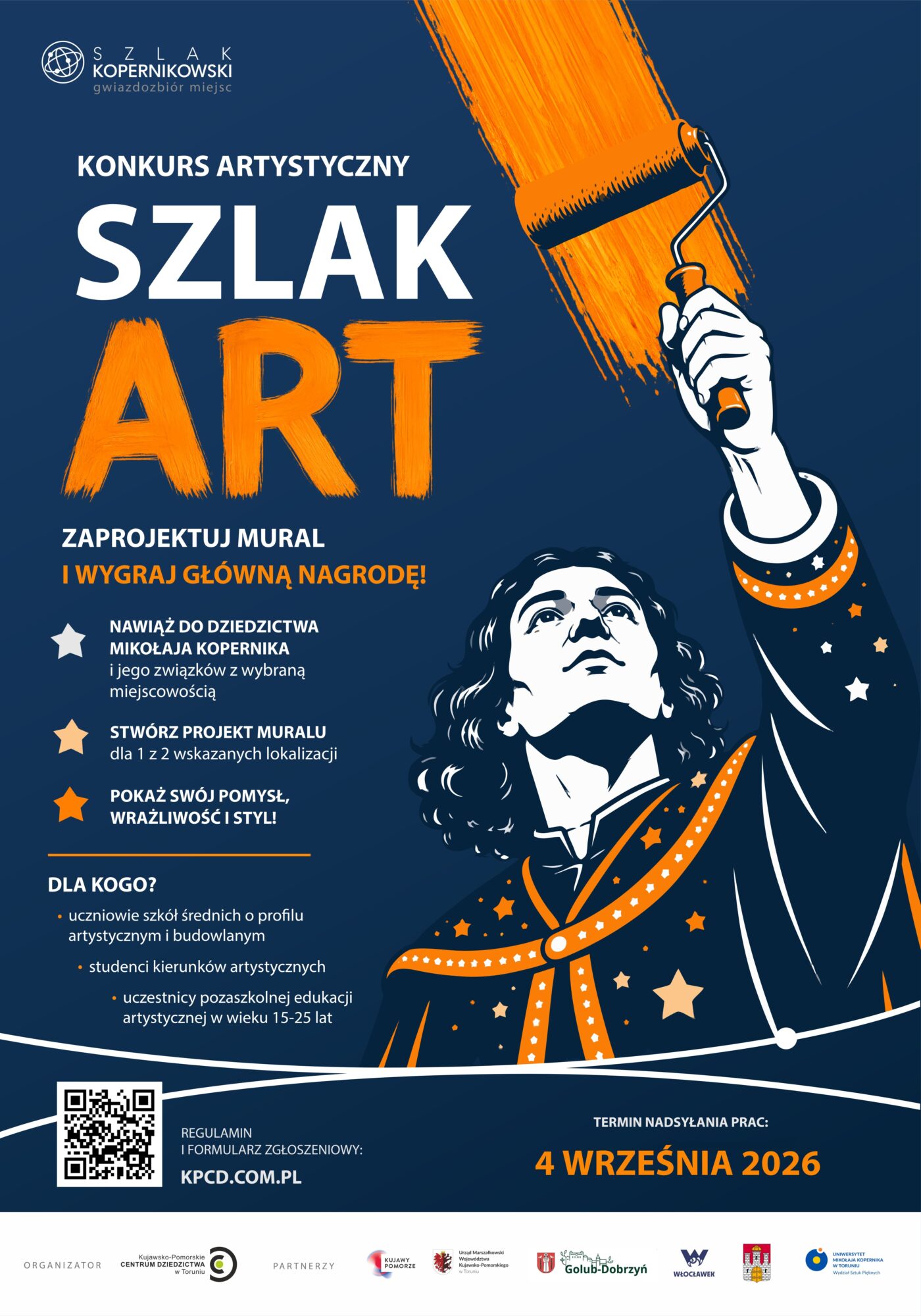 Grafika promująca konkurs na mural o Mikołaju Koperniku: Komiksowo narysowany Mikołaj Kopernik unosi w górę rękę z wałkiem pokrytym pomarańczową farbą
