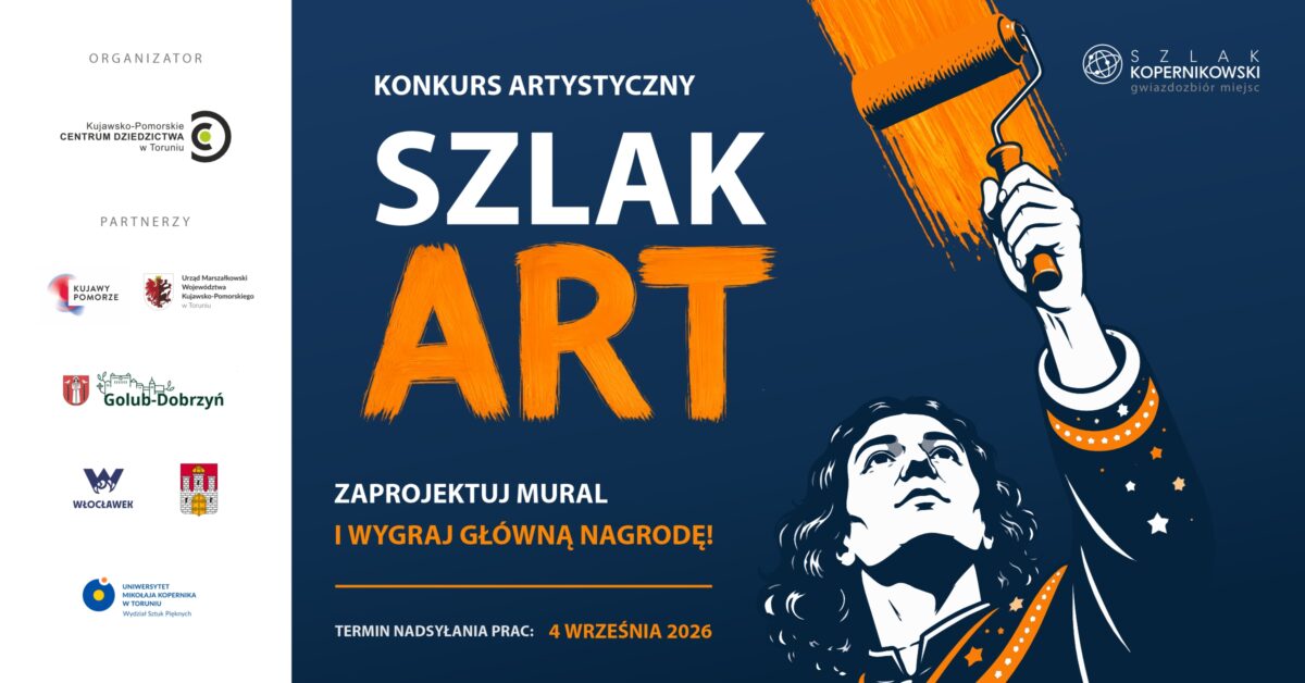 Grafika promująca konkurs na mural o Mikołaju Koperniku: Komiksowo narysowany Mikołaj Kopernik unosi w górę rękę z wałkiem pokrytym pomarańczową farbą