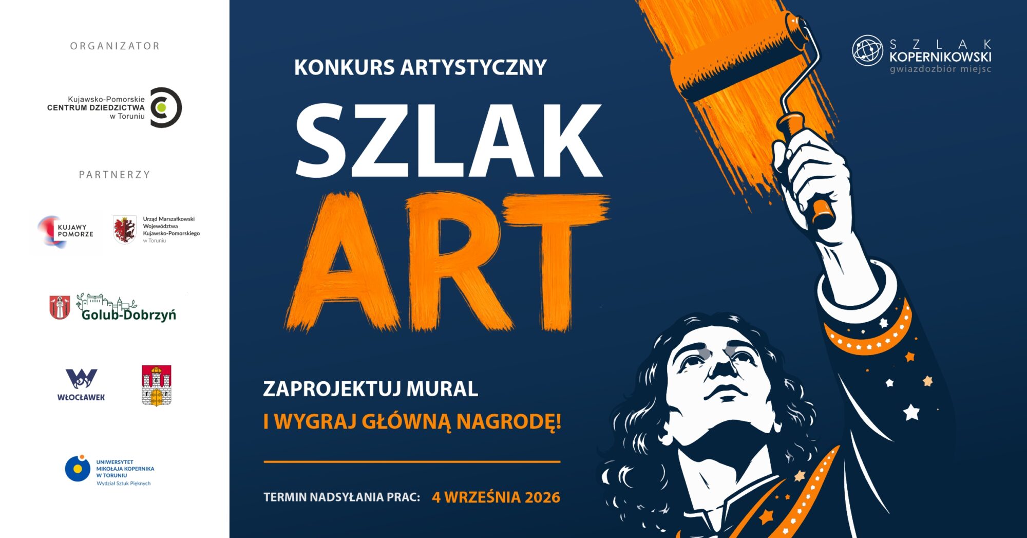 Grafika promująca konkurs na mural o Mikołaju Koperniku: Komiksowo narysowany Mikołaj Kopernik unosi w górę rękę z wałkiem pokrytym pomarańczową farbą