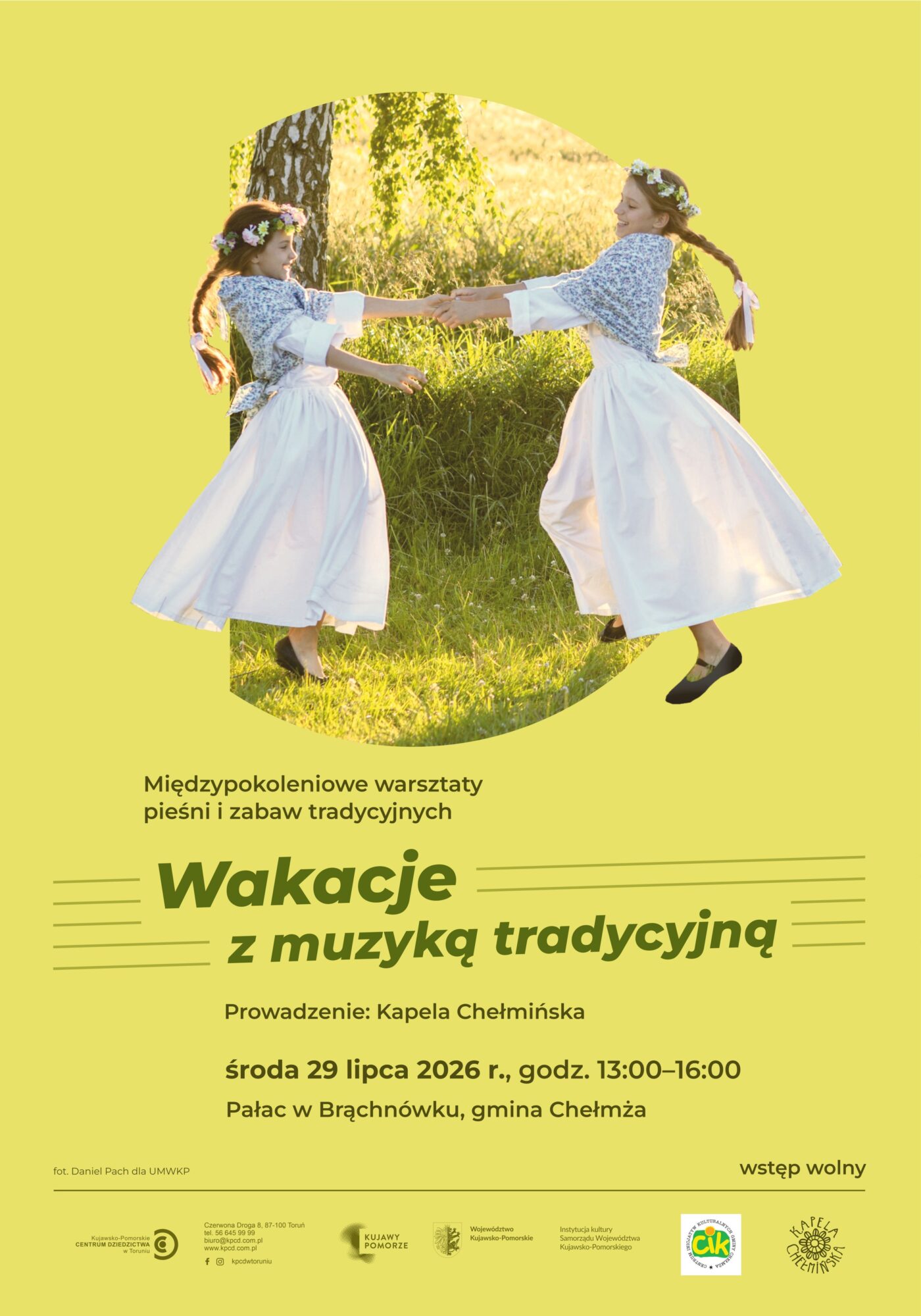 Grafika promująca warsztaty Wakacje z muzyką tradycyjną w Brąchnówku