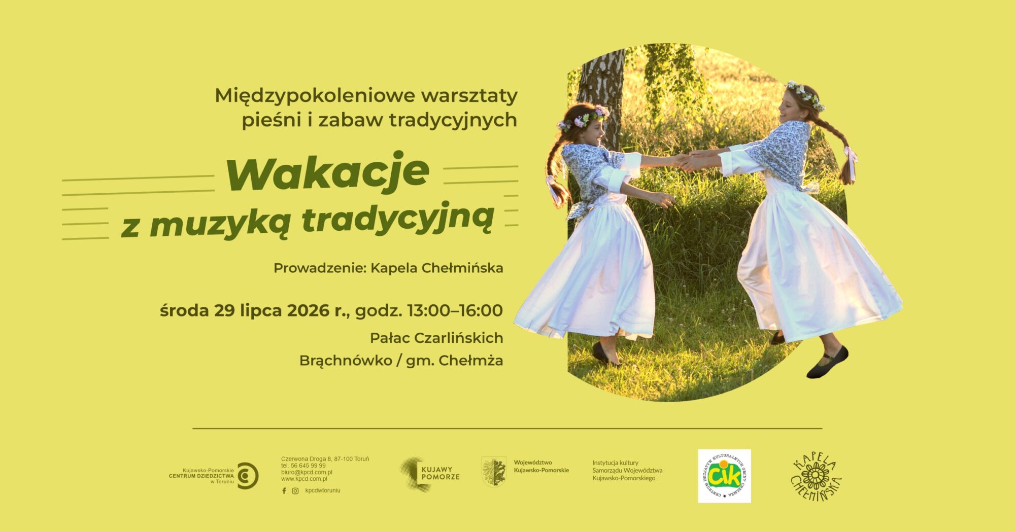 Grafika promująca warsztaty Wakacje z muzyką tradycyjną w Brąchnówku